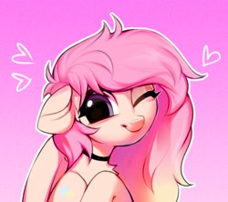 Size: 1542x1368 | Tagged: safe, artist:vensual99, oc, oc only, pegasus, pony, bust, chest fluff, choker, female, floating heart, gradient background, heart, mare, not fluttershy, one eye closed, solo, wink