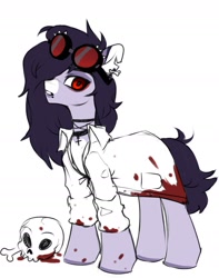 Size: 1373x1740 | Tagged: safe, artist:vensual99, oc, oc only, earth pony, pony, adoptable, blood, bone, choker, clothes, ear piercing, earring, goggles, goggles on head, jewelry, lab coat, lip piercing, piercing, simple background, skull, solo, torn ear, white background