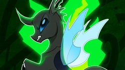 Size: 2000x1125 | Tagged: safe, artist:vensual99, changeling, pony, abstract background, fangs, solo