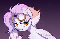 Size: 2370x1535 | Tagged: safe, artist:vensual99, oc, oc only, pegasus, pony, chest fluff, female, goggles, goggles on head, gradient background, mare, solo