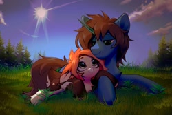 Size: 1280x853 | Tagged: safe, artist:vensual99, oc, oc only, oc:vensu, pegasus, pony, unicorn, cloud, duo, duo male and female, female, grass, horn, lying down, male, mare, prone, stallion, sun