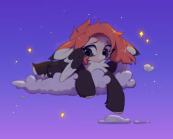 Size: 2480x1995 | Tagged: safe, artist:vensual99, oc, oc only, oc:vensu, pegasus, pony, cloud, fetlock tuft, lying down, on a cloud, prone, sky, sky background, solo, starry sky, sunset