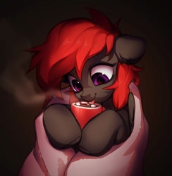 Size: 1052x1080 | Tagged: safe, artist:vensual99, oc, oc only, pegasus, pony, blanket, brown background, chocolate, food, hot chocolate, licking, marshmallow, mug, simple background, solo, tongue out