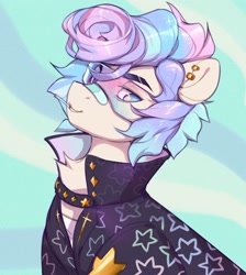 Size: 2508x2803 | Tagged: safe, artist:vensual99, oc, oc only, earth pony, pony, abstract background, bandaid, bandaid on nose, chest fluff, clothes, ear piercing, earring, eyebrow slit, eyebrows, jacket, jewelry, male, piercing, solo, stallion, visor