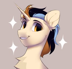 Size: 1516x1444 | Tagged: safe, artist:vensual99, oc, oc only, pony, unicorn, brown background, bust, chest fluff, horn, male, simple background, solo, stallion