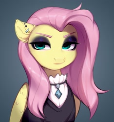 Size: 2222x2376 | Tagged: safe, artist:vensual99, fluttershy, pegasus, pony, g4, bust, clothes, dress, ear fluff, ear piercing, earring, eyebrows, female, fluttergoth, folded wings, goth, gray background, jewelry, makeup, mare, necklace, piercing, simple background, solo, wings