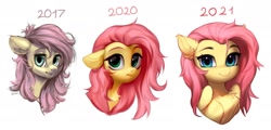 Size: 3032x1460 | Tagged: safe, artist:vensual99, fluttershy, pegasus, pony, g4, 2017, 2020, 2021, bust, chest fluff, female, mare, progression, simple background, solo, white background