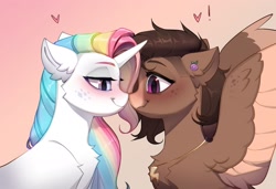 Size: 2099x1432 | Tagged: safe, artist:vensual99, oc, oc only, pegasus, pony, unicorn, blushing, chest fluff, duo, ear piercing, earring, female, floating heart, gradient background, heart, horn, jewelry, lesbian, mare, neckerchief, nose to nose, piercing, spread wings, wings