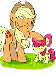 Size: 1080x1440 | Tagged: safe, artist:cuiyingying405, apple bloom, applejack, earth pony, pony, g4, adorabloom, apple sisters, cute, duo, duo female, eyes closed, female, filly, foal, grass, head pat, mare, pat, petting, sibling love, siblings, simple background, sisterly love, sisters, smiling, white background