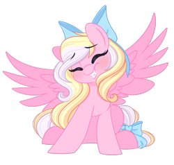 Size: 1632x1551 | Tagged: safe, artist:emberslament, oc, oc only, oc:bay breeze, pegasus, pony, blue bow, blushing, bow, cute, eyebrows, eyebrows visible through hair, eyelashes, eyes closed, female, hair accessory, hair bow, happy, mane accessory, mare, pegasus oc, pink coat, simple background, sitting, smiling, solo, spread wings, tail, tail accessory, tail bow, transparent background, two toned mane, two toned tail, wings