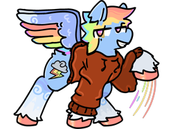 Size: 2732x2048 | Tagged: safe, alternate version, artist:felixmcfurry, rainbow dash, pegasus, pony, g4, clothes, digital art, face tattoo, jumper, looking at you, no tail, raised hoof, redesign, short hair, short mane, simple background, smiling, smiling at you, smirk, solo, tattoo, transparent background, unshorn fetlocks