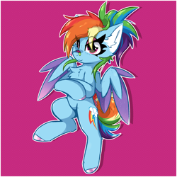 Size: 2000x2000 | Tagged: safe, artist:jubyskylines, rainbow dash, pegasus, pony, g4, alternate hairstyle, bandaid, bandaid on nose, chest fluff, drop shadow, ear fluff, eye clipping through hair, eyeshadow, female, makeup, mare, partially open wings, pink background, simple background, solo, wings