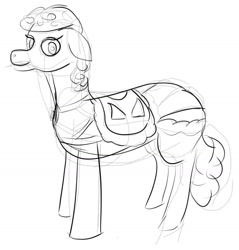 Size: 1266x1324 | Tagged: safe, artist:ramdom_player201, earth pony, pony, clothes, looking at you, monochrome, rough sketch, saddle, simple background, sketch, solo, tack, white background