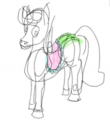 Size: 1185x1303 | Tagged: safe, artist:ramdom_player201, unicorn, clothes, horn, rough sketch, saddle, simple background, sketch, solo, tack, white background