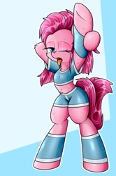 Size: 715x1080 | Tagged: artist needed, safe, pinkie pie, earth pony, pony, semi-anthro, g4, belly, belly button, belly fluff, bipedal, clothes, hooves up, midriff, one eye closed, simple background, solo, sport clothes, standing, stretching, sweat, tongue out