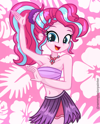Size: 2015x2490 | Tagged: safe, artist:rjp.rammy, pinkie pie, equestria girls, g4, alternate hair color, alternate hairstyle, belly, belly button, clothes, commission, cute, diapinkes, female, grass skirt, hula, jewelry, midriff, necklace, open mouth, skirt, slender, solo, thin