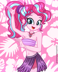 Size: 2015x2490 | Tagged: safe, artist:rjp.rammy, pinkie pie, equestria girls, g4, alternate hair color, alternate hairstyle, bare shoulders, belly, belly button, clothes, commission, cute, diapinkes, female, grass skirt, hula, hulapie, jewelry, midriff, necklace, open mouth, skirt, sleeveless, slender, solo, strapless, thin