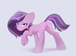 Size: 3000x2200 | Tagged: safe, artist:o0o-bittersweet-o0o, oc, oc only, oc:sunshine sparkle, pony, unicorn, big ears, blank flank, butt, butt fluff, cheek fluff, commission, concave belly, ear fluff, eyelashes, featureless crotch, female, female oc, horn, looking at you, mare, narrowed eyes, plot, raised hoof, side view, simple background, slender, smiling, solo, standing, standing on three hooves, thin, underhoof, unicorn oc, ych result