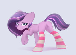 Size: 3000x2200 | Tagged: safe, alternate version, artist:o0o-bittersweet-o0o, oc, oc only, oc:sunshine sparkle, pony, unicorn, big ears, blank flank, butt, butt fluff, cheek fluff, clothes, commission, concave belly, ear fluff, eyelashes, featureless crotch, female, female oc, horn, looking at you, mare, narrowed eyes, plot, raised hoof, side view, simple background, slender, smiling, socks, solo, standing, standing on three hooves, striped socks, thin, underhoof, unicorn oc, ych result