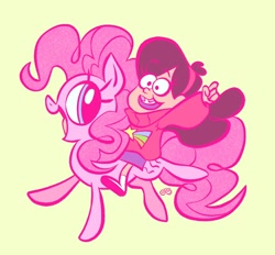 Size: 2048x1902 | Tagged: safe, artist:janegumball, part of a set, earth pony, human, pony, g4, ankle socks, big eyes, blue eyes, braces, brown hair, clothes, colored, curly mane, curly tail, duo, duo female, eye clipping through hair, eyebrows, eyebrows visible through hair, eyelashes, female, flat colors, gravity falls, headband, humans riding ponies, light skin, long mane, long tail, mabel pines, mare, open mouth, open smile, pink sweater, pleated skirt, profile, purple skirt, raised arm, raised hoof, raised leg, riding, riding a pony, shoes, signature, simple background, skirt, smiling, standing, standing on one leg, sweater, tail, turtleneck, turtleneck sweater, yellow background