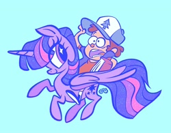 Size: 2048x1600 | Tagged: safe, artist:janegumball, part of a set, twilight sparkle, alicorn, human, pony, g4, alternate cutie mark, bangs, baseball cap, big eyes, blue background, brown hair, cap, clothes, colored, crossover, diplight, dipper pines, duo, duo male and female, eye clipping through hair, female, flat colors, flying, folded wings, frown, gravity falls, hat, holding book, holding hat, horn, humans riding ponies, light skin, long mane, long tail, looking at someone, looking back, male, mare, open frown, open mouth, panicking, profile, purple coat, purple eyes, raised hoof, riding, riding a pony, shirt, shrunken pupils, signature, simple background, smiling, smiling at someone, sparkly eyes, straight mane, straight tail, tail, three toned mane, three toned tail, twilight sparkle (alicorn), unicorn horn, vest, wingding eyes, wings