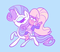 Size: 2048x1784 | Tagged: safe, artist:janegumball, part of a set, rarity, human, pony, unicorn, g4, belt, blonde hair, blue background, blue eyes, blue eyeshadow, boots, clothes, colored, crossover, curly mane, curly tail, dress, duo, duo female, ear piercing, earring, eyeshadow, female, flat colors, gravity falls, hooped earrings, horn, humans riding ponies, jacket, jewelry, lidded eyes, looking at someone, looking back, makeup, pacifica northwest, piercing, ponytail, profile, purple dress, purple eyeshadow, purple mane, purple tail, raised arm, raised hoof, raised leg, riding, riding a pony, ringlets, shoes, signature, simple background, smiling, smiling at someone, standing on two hooves, tail, tan skin, thick eyelashes, tied hair, unicorn horn, white coat