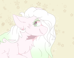 Size: 1857x1466 | Tagged: safe, artist:pretzelprince, oc, oc only, unnamed oc, earth pony, pony, 2020, artfight, blue eyes, blue pupils, body fluff, cheek fluff, chest fluff, colored eyelashes, colored pupils, ear fluff, earth pony oc, eyebrows, eyebrows visible through hair, female, female oc, floppy ears, fluffy, gift art, gradient mane, green eyelashes, halfbody, hock fluff, looking back, mare, mare oc, old art, patterned background, pink coat, profile, shoulder fluff, smiling, solo, two toned mane, white mane