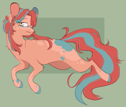 Size: 1577x1335 | Tagged: safe, artist:pretzelprince, oc, oc only, unnamed oc, earth pony, pony, 2023, ambiguous gender, artfight, blank flank, blue hooves, blush lines, blushing, chest fluff, coat markings, colored eartips, colored hooves, colored pinnae, colored sketch, ear fluff, ear markings, earth pony oc, eye clipping through hair, eyebrows, eyebrows visible through hair, eyelashes, facial markings, frown, gift art, gray eyes, hooves, leg markings, lidded eyes, long mane, long tail, looking back, patterned background, raised hooves, raised leg, red coat, simple background, sketch, socks (coat markings), solo, splotches, tail, thin legs, two toned mane, two toned tail