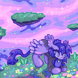 Size: 2000x2000 | Tagged: safe, artist:larvaecandy, oc, oc only, oc:vylet, pegasus, pony, vylet pony, bent over, big eyes, big hooves, clothes, colored eyelashes, colored wings, colored wingtips, cross, cross earring, crouching, detailed background, ear fluff, ear piercing, earring, fangs, floating island, flower, glasses, grass, gray hoodie, hair bun, high res, hoodie, inverted cross, jewelry, leaning forward, leonine tail, long tail, mouth hold, no pupils, no sclera, outdoors, partially open wings, pegasus oc, piercing, purple coat, purple eyelashes, purple eyes, purple mane, purple tail, purple wingtips, round glasses, shiny coat, shiny eyelashes, shiny mane, shiny tail, shiny wings, solo, song art, space background, sparkly eyes, sparkly mane, sparkly tail, stars, tail, tied mane, trippy, two toned wings, wall of tags, watering, watering can, where do we begin?, wingding eyes, wings