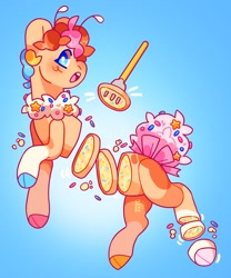 Size: 2204x2646 | Tagged: safe, artist:cocopudu, oc, oc only, oc:sprinkle bug, cake pony, earth pony, food pony, moth, mothpony, original species, pony, 2022, antennae, blue eyelashes, blue eyes, blush scribble, blushing, bow, candy gore, cloven hooves, coat markings, colored eyelashes, colored hooves, curly mane, curly tail, edible, emanata, food, fork, gore, gradient background, half, hooves, looking back, male, mismatched hooves, modular, motion lines, multicolored hooves, multicolored mane, nose blush, old art, open mouth, orange coat, pink bow, pink tail, ponified, raised hoof, socks (coat markings), solo, sprinkles, tail, tail accessory, tail bow, trans male, transgender, transgender oc, white pupils