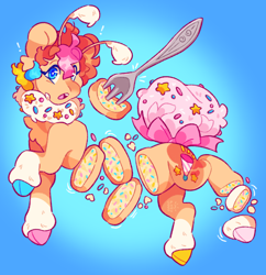 Size: 1980x2047 | Tagged: safe, artist:cocopudu, oc, oc only, oc:sprinkle bug, cake pony, food pony, moth, mothpony, original species, pony, antennae, blue eyelashes, blue eyes, bow, candy gore, chest fluff, cloven hooves, coat markings, colored eyebrows, colored eyelashes, colored hooves, ear fluff, edible, exclamation point, eyebrows, eyebrows visible through hair, facial markings, fluffy tail, food, fork, gore, gradient background, half, hooves, male, mismatched eyebrows, mismatched hooves, modular, motion lines, multicolored mane, neck fluff, open mouth, orange coat, pink bow, pink tail, ponified, raised hoof, raised leg, redraw, shiny mane, shocked, signature, snip (coat marking), socks (coat markings), solo, sprinkles, tail, tail accessory, tail bow, trans male, transgender, transgender oc, wall of tags, white pupils