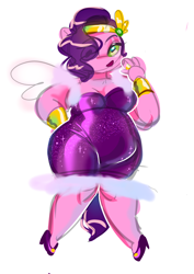 Size: 1240x1754 | Tagged: safe, artist:jully-park, pipp petals, pegasus, anthro, plantigrade anthro, g5, adipipp, arm band, chubby, clothes, dress, fat, female, glitter, hair over one eye, headband, high heels, pipp is chubby, plump, shoes, shortstack, simple background, solo, spread wings, white background, wings