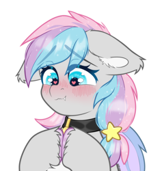 Size: 2400x2500 | Tagged: safe, alternate version, artist:etoz, oc, oc only, oc:dreamyway skies, bat pony, bat pony oc, bat wings, blue eyes, blush lines, blushing, bust, chest fluff, choker, collar, colored ear fluff, colored hooves, colored wings, commission, cute, cute little fangs, ear fluff, ear tufts, eyebrows, eyebrows down, eyebrows visible through hair, fangs, female, fingers together, floppy ears, gray coat, happy, heart, heart eyes, hooves, hooves together, mare, multicolored hair, pale belly, partially open wings, sfw version, shy, simple background, smiling, solo, star hairpin, stars, three toned mane, two toned wings, unshorn fetlocks, white background, wingding eyes, wings, ych result