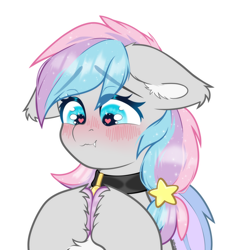 Size: 2400x2500 | Tagged: safe, alternate version, artist:etoz, oc, oc only, oc:dreamyway skies, bat pony, bat pony oc, bat wings, blue eyes, blush lines, blushing, bust, chest fluff, choker, collar, colored ear fluff, colored hooves, colored wings, commission, cute, cute little fangs, ear fluff, ear tufts, eye clipping through hair, eyebrows, eyebrows down, eyebrows visible through hair, fangs, female, fingers together, floppy ears, gray coat, happy, heart, heart eyes, hooves, hooves together, mare, multicolored hair, pale belly, partially open wings, sfw version, shy, simple background, smiling, solo, star hairpin, stars, three toned mane, two toned wings, unshorn fetlocks, white background, wingding eyes, wings, ych result