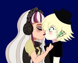 Size: 1655x1343 | Tagged: safe, artist:spike17, spike, human, g4, blonde hair, crossover, ever after high, human spike, humanized, kiss on the lips, kissing, melody piper, ship:spikelody, spike x ever after high