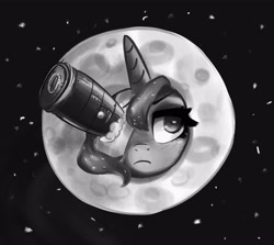 Size: 3714x3309 | Tagged: safe, artist:polnocnykot, princess luna, alicorn, pony, g4, :c, >:c, angry, black and white, black background, blush lines, blushing, bust, close-up, clothes, costume, cute, eyepatch, female, frown, grayscale, horn, le voyage dans la lune, mare, monochrome, moon, night, one eye closed, parody, portrait, redraw, simple background, solo, stars