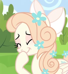 Size: 1220x1319 | Tagged: safe, artist:cstrawberrymilk, oc, oc only, oc:meringue pie, pegasus, pony, g4, blonde mane, blue sky, bow, cream coat, curly mane, eyebrows, eyelashes, eyes closed, eyeshadow, female, flower, flower in hair, folded wings, grass, hair accessory, hair bow, long mane, makeup, mane accessory, mare, outdoors, pegasus oc, pink eyeshadow, raised hoof, show accurate, sky, smiling, solo, stifling laughter, tree, white bow, wings