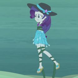 Size: 2000x2000 | Tagged: safe, artist:nie-martw-sie-o-mnie, rarity, human, equestria girls, g4, asphyxiation, bikini, clothes, damsel in distress, drowning, female, hat, high res, holding breath, ocean, peril, rarity's beach shorts swimsuit, rarity's blue sarong, rarity's purple bikini, sandals, sarong, seaweed, solo, sun hat, swimsuit, tied up, underwater, water