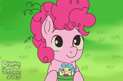 Size: 3058x2029 | Tagged: safe, artist:sketch-shepherd, pinkie pie, princess skystar, earth pony, pony, seapony (g4), bucket, female, filly, filly pinkie pie, foal, high res, ponified, ponyo, studio ghibli, younger