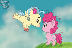 Size: 3058x2029 | Tagged: safe, artist:sketch-shepherd, pinkie pie, princess skystar, earth pony, hippogriff, pony, g4, bucket, duo, female, filly, filly pinkie pie, flying, foal, high res, looking at each other, looking at someone, ponified, ponyo, studio ghibli, younger