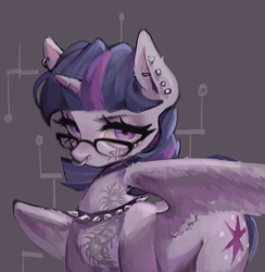 Size: 1731x1776 | Tagged: safe, artist:araslisio, twilight sparkle, alicorn, pony, g4, choker, ear piercing, female, glasses, lighter coat, looking at you, mare, nose piercing, nose ring, partially open wings, piercing, solo, spiked choker, tattoo, twilight sparkle (alicorn), wings