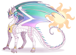 Size: 2150x1567 | Tagged: safe, artist:lightry, princess celestia, dragon, hybrid, g4, concave belly, dragonified, dragonlestia, female, fit, jewelry, rainwing, regalia, simple background, skywing, slender, solo, species swap, thin, white background, wings of fire (book series)