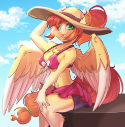 Size: 2788x2836 | Tagged: safe, artist:witchtaunter, oc, pegasus, anthro, belly, belly button, bikini, breasts, chest fluff, cleavage, clothes, female, glasses, hat, looking at you, pegasus oc, skirt, sky, smiling, smiling at you, spread wings, swimsuit, wings