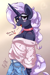 Size: 935x1400 | Tagged: safe, artist:joakaha, oc, oc only, alicorn, anthro, alicorn oc, bare shoulders, blue coat, blushing, breasts, choker, cleavage, clothes, denim, dialogue, eyelashes, female, female oc, freckles, hands behind back, heart, horn, jeans, lidded eyes, long horn, looking at you, off shoulder, off shoulder sweater, open mouth, pants, purple eyes, purple hair, shirt, sideboob, solo, sweater, tail, talking to viewer, unicorn horn, wings