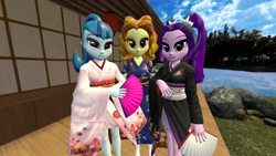 Size: 1920x1080 | Tagged: safe, artist:oatmeal!, adagio dazzle, aria blaze, sonata dusk, human, equestria girls, g4, 3d, accessory swap, clothes, dress, fan, female, gmod, group, holding, japanese, kimono (clothing), lake, looking at you, shrine, standing, trio, trio female, water, yukata