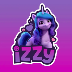 Size: 605x605 | Tagged: safe, izzy moonbow, pony, unicorn, g5, official, button, caption, female, gradient background, heart, horn, looking at you, mare, solo, text