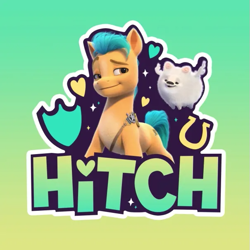 Size: 605x605 | Tagged: safe, cloudpuff, hitch trailblazer, dog, earth pony, flying pomeranian, pomeranian, pony, g5, official, caption, gradient background, heart, horseshoes, looking at you, male, shield, solo, stallion, text, winged dog