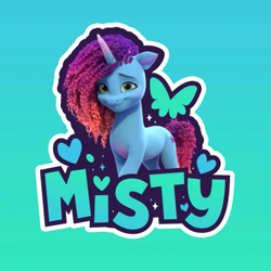 Size: 605x605 | Tagged: safe, misty brightdawn, butterfly, pony, unicorn, g5, official, caption, cute, female, gradient background, heart, horn, looking at you, mare, mistybetes, rebirth misty, solo, text