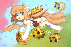 Size: 2461x1633 | Tagged: safe, artist:astralblues, oc, oc only, oc:honey milk, bat pony, bee, insect, pony, female, mare, minecraft, minecraft bee, solo