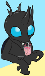 Size: 666x1120 | Tagged: safe, artist:bjsampson, changeling, changeling feeding, cute, cuteling, drink, drone, fangs, happy, heart, looking up, love, milkshake, smiling, solo, straw